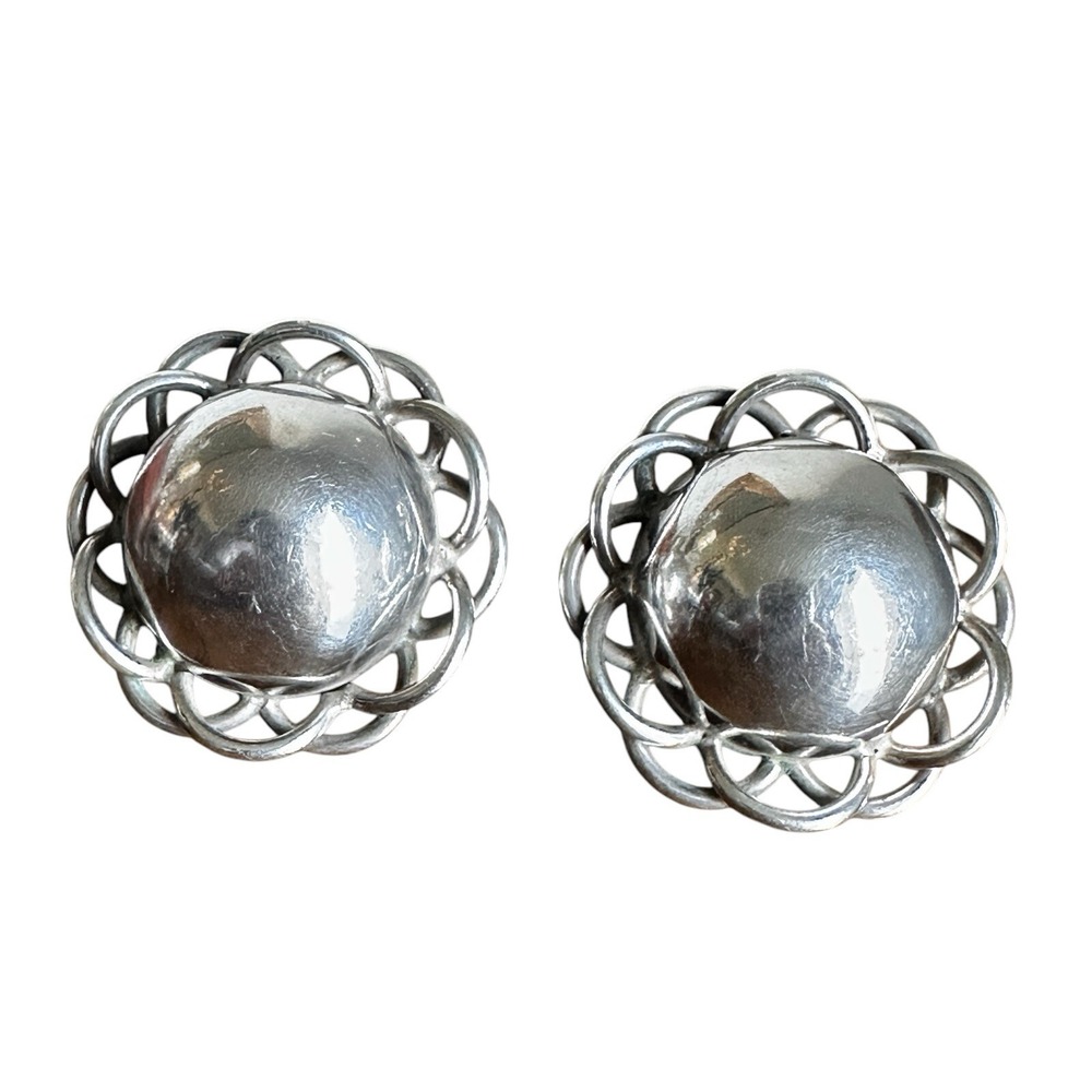 Taxco Earrings Flower Clip Round Chunky 1.375 Inch Mexico 925 Sterling 23.7g